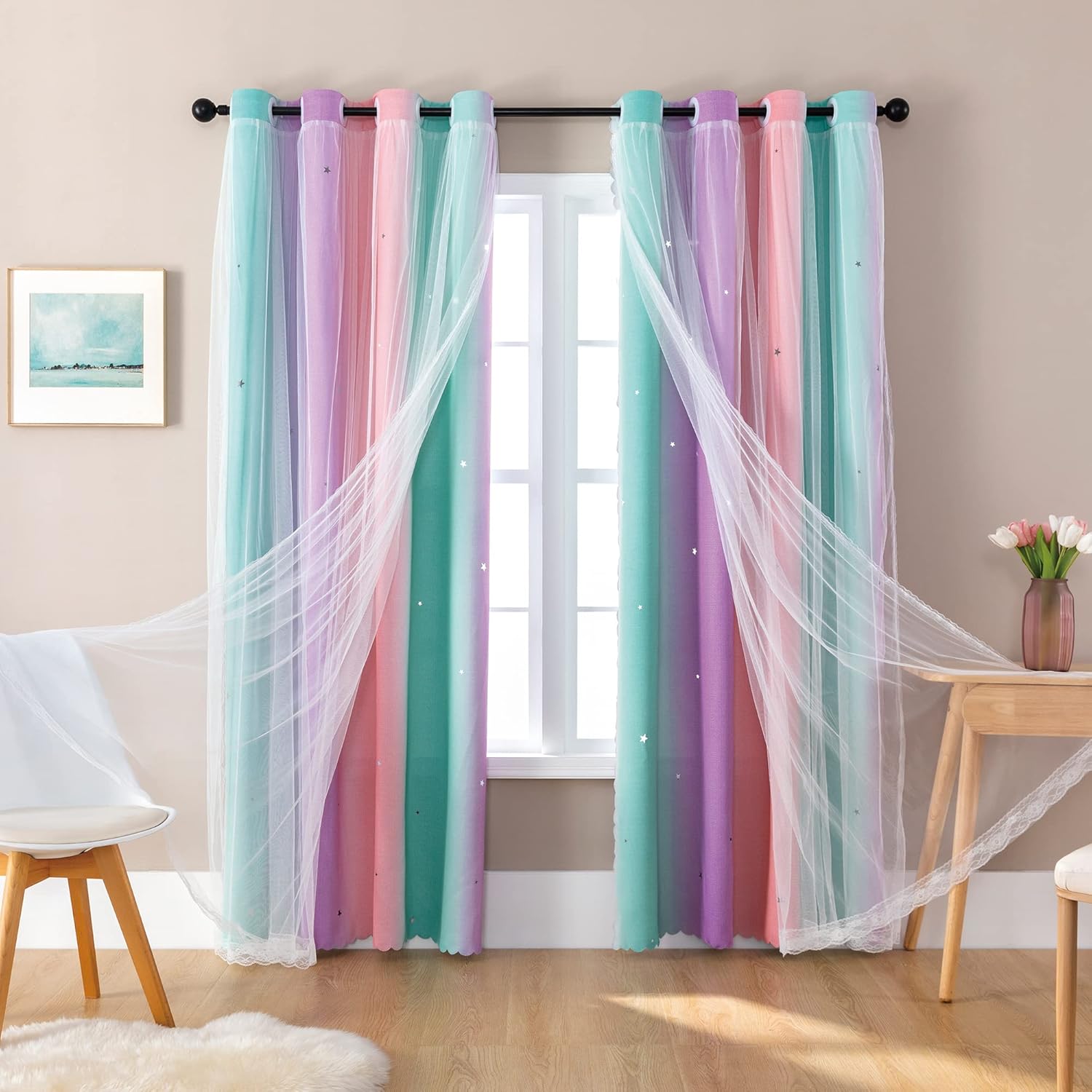 Addsomecolortolife XiDi Curtains for Bedroom Decor, Rainbow Blackout Curtains for Kids/Little Girl Room Decor, Unicorn Wall Decals,1 Panel…