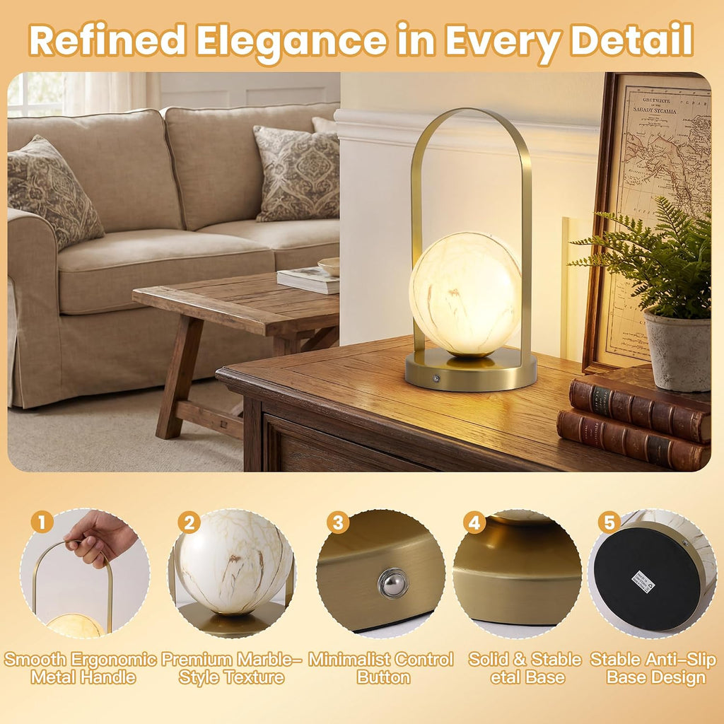 Portable Rechargeable Table Lamp with Marble Pattern Glass Shade – Gold Plated Metal Frame, Cordless LED Desk Light for Bedroom, Nursery…