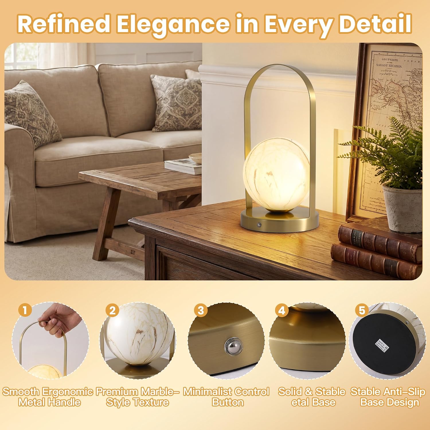 Portable Rechargeable Table Lamp with Marble Pattern Glass Shade – Gold Plated Metal Frame, Cordless LED Desk Light for Bedroom, Nursery…