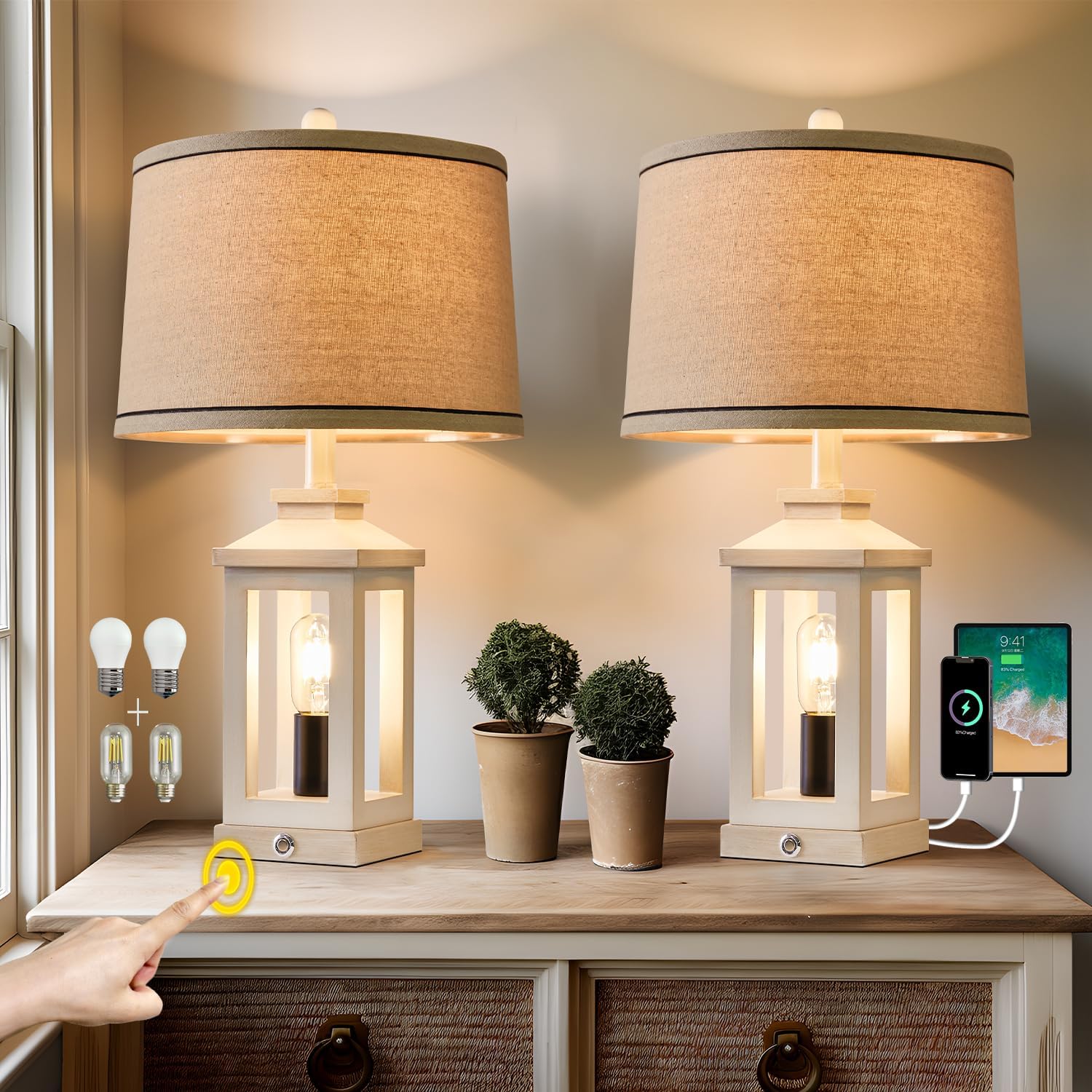 G-SAFAVA 23.75" Retro Farmhouse USB C+A Ports Table Lamp Set of 2 with 3 Way Dimmable Touch Control White Nightlight Vintage Modern Lamp…