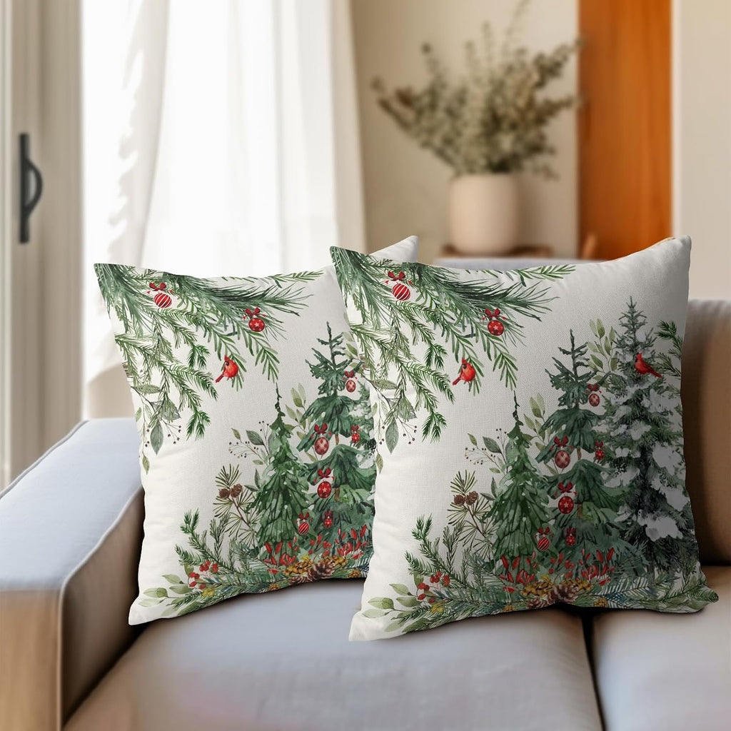 Granbey Green Christmas Tree Throw Pillow Covers 18x18 Inch Set of 2 Winter Pine Trees Red Berry Bells Birds Decorative Pillowcase Xmas Hol…