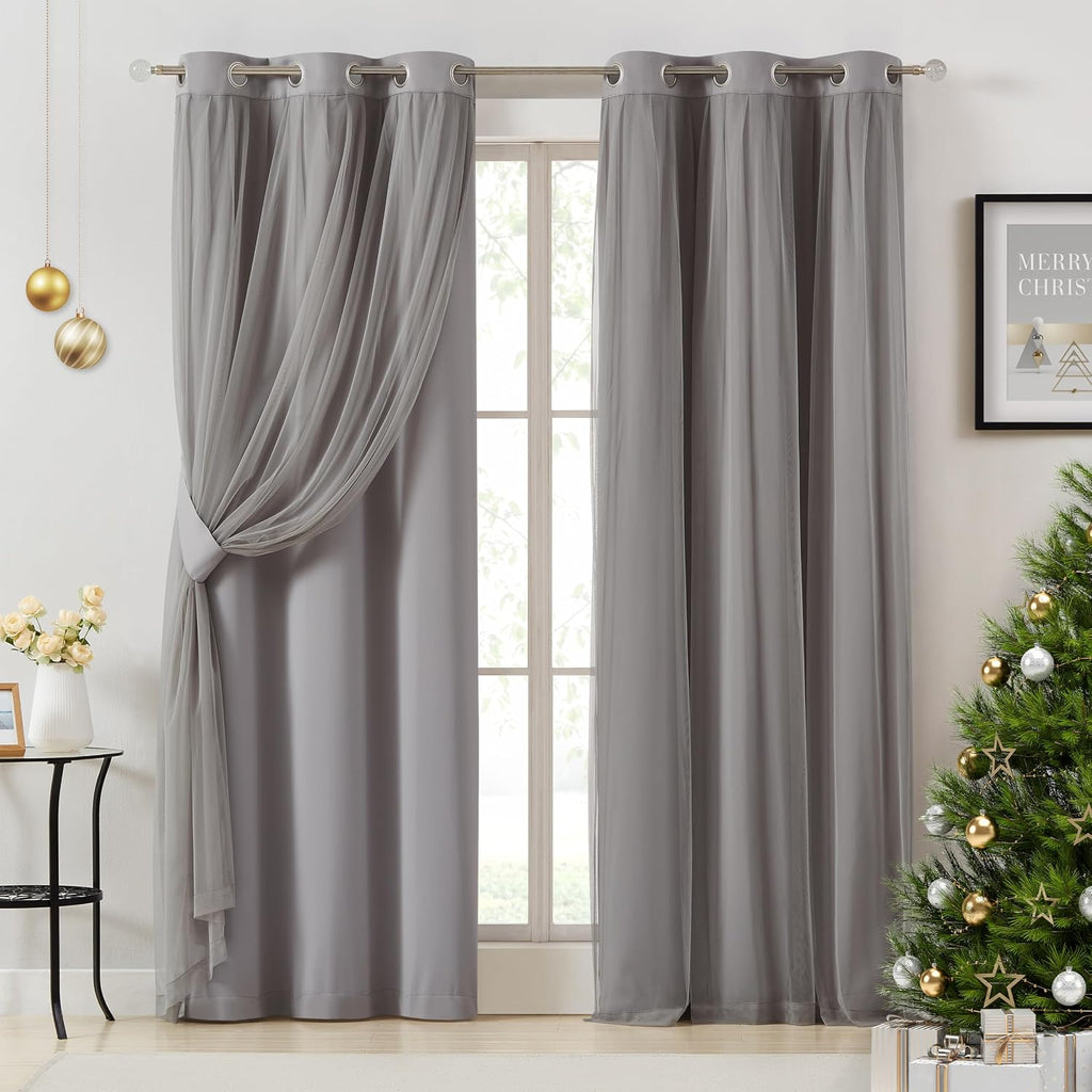 Bujasso Grey 90% Blackout Curtains with Sheer Overlay Mix and Match Double Layer Window Curtains Thermal Insulated 84 inch for Living Room…