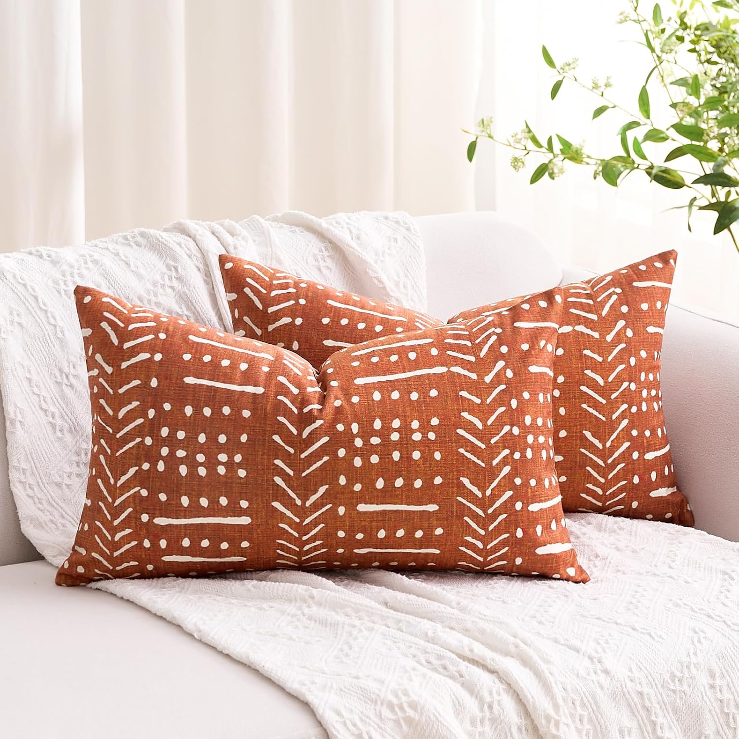 BONSTRAP Decorative Throw Pillow Covers Brick Red Farmhouse Lumbar Cushion Covers Boho Rectangular 12X20 Stripe Burnt Orange Pillowc…