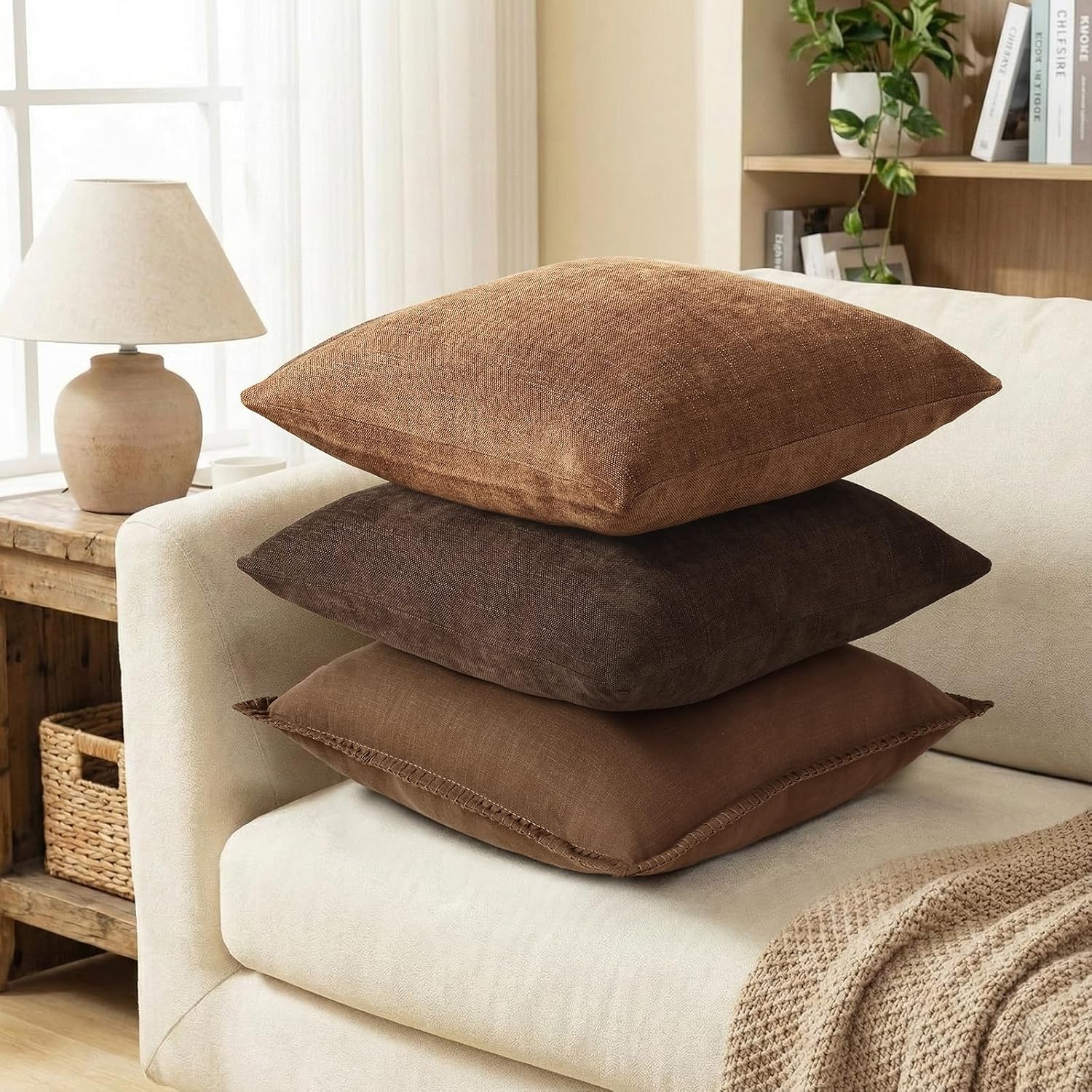 decorUhome Chenille Throw Pillow Covers 18x18 Set of 2, Square Decorative Pillow Covers with Zipper for Couch, Sofa, Living Room, Taupe