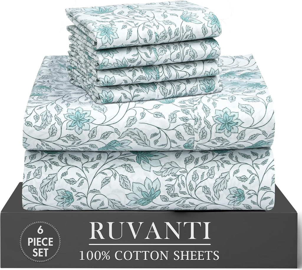 Ruvanti 100% Cotton Percale Sheets Full Size 6 Piece Set, Cooling Bed Sheets for Hot Sleepers, Deep Pocket 16”, Breathable Lightweight & Du…