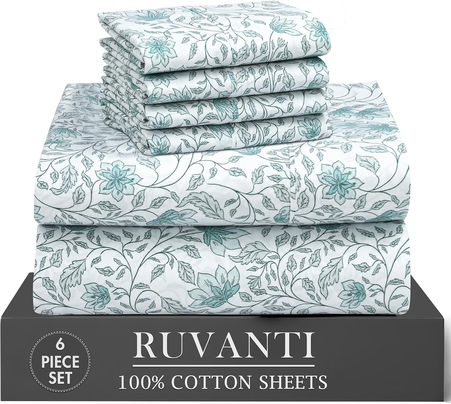 Ruvanti 100% Cotton Percale Sheets Full Size 6 Piece Set, Cooling Bed Sheets for Hot Sleepers, Deep Pocket 16”, Breathable Lightweight & Du…