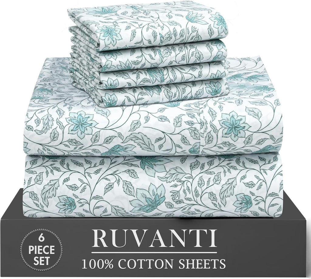Ruvanti 100% Cotton Percale Sheets Queen Size 6 Piece Set, Cooling Bed Sheets for Hot Sleepers, Deep Pocket 16”, Breathable Lightweight & D…
