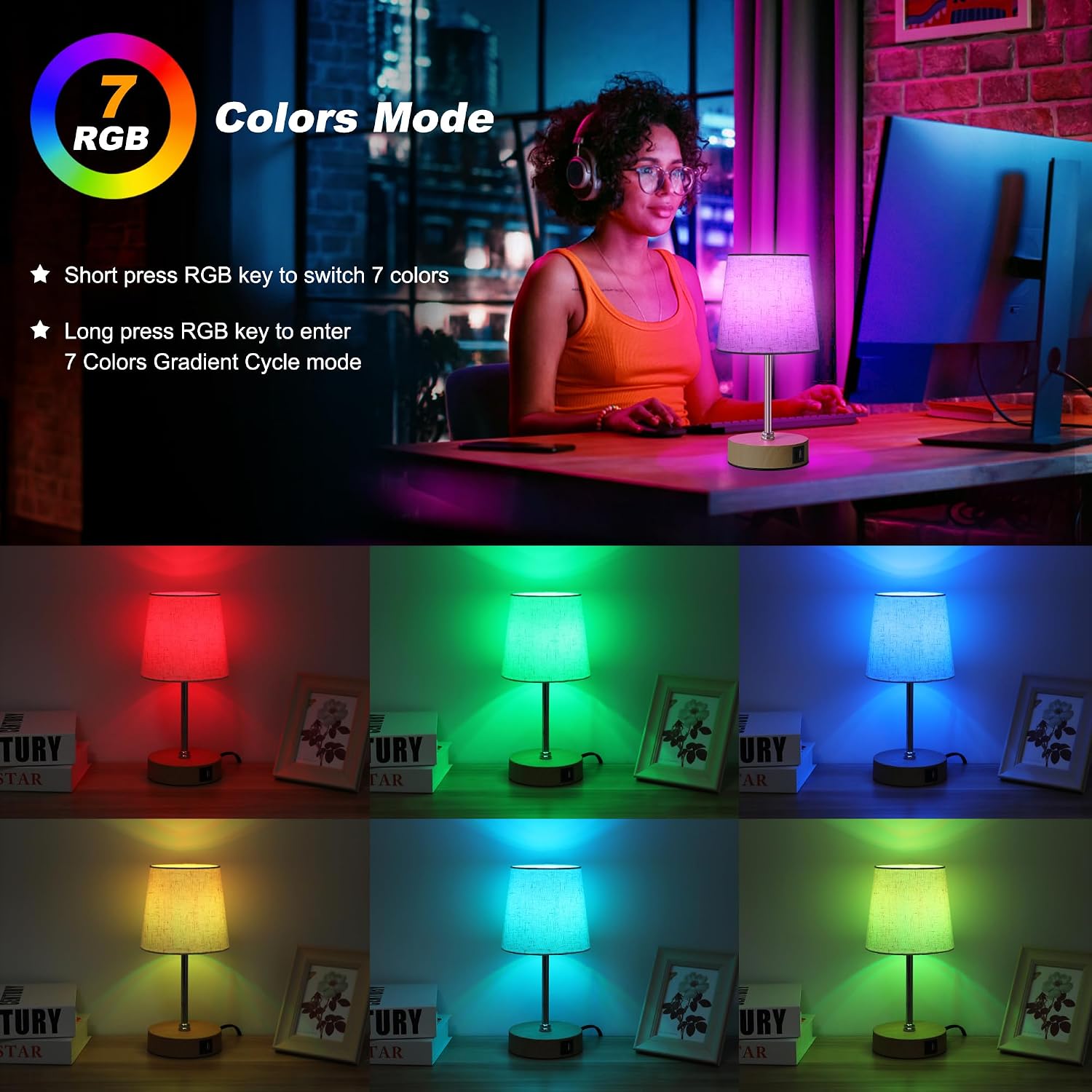 Ascher Small Bedside Table lamp Set of 2, RGB Color Changing Lamps, 3 Color Temperatures, Stepless Dimmable, Nightstand Lamp with USB C+A…