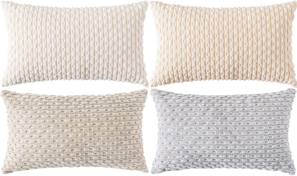 Cozoomy Set of 4 Neutral Decorative Throw Pillow Covers 12x20 Inch Corduroy Pillow Covers for Bed Couch Sofa Living Room Soft Cushion Cases…