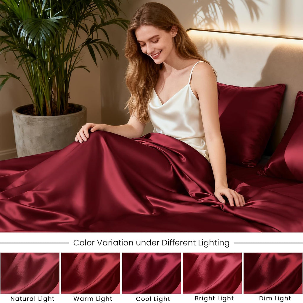 Lovescabin Love's cabin 4Piece California King Satin Bed Linen Set, Burgundy Silky Satin Sheets, Deep Pocket, Luxury Silk Feel, 1 Flat, 1 F…