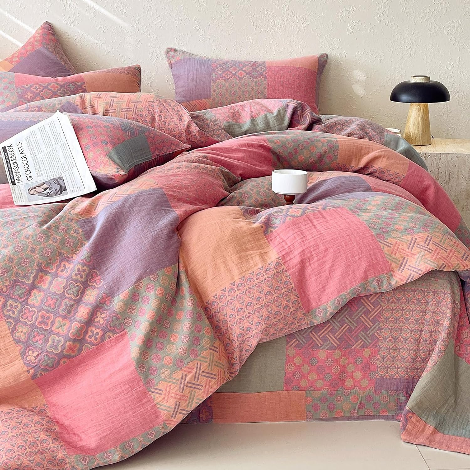 mixinni 100% Cotton Double Layer Yarn Duvet Cover Set, Vintage Patchwork Floral Jacquard Textured Comforter Cover, Reversible Boho Bedding…