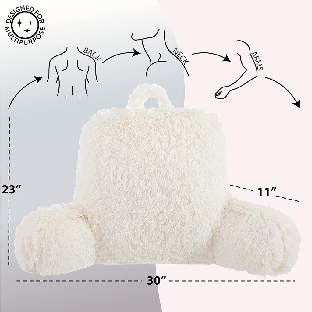Urban Lifestyle Decorative and Supportive Backrest Reading Bed Pillow, Ultra Soft Long Hair Faux Fur Reverse to Mink Fabric, Ivory