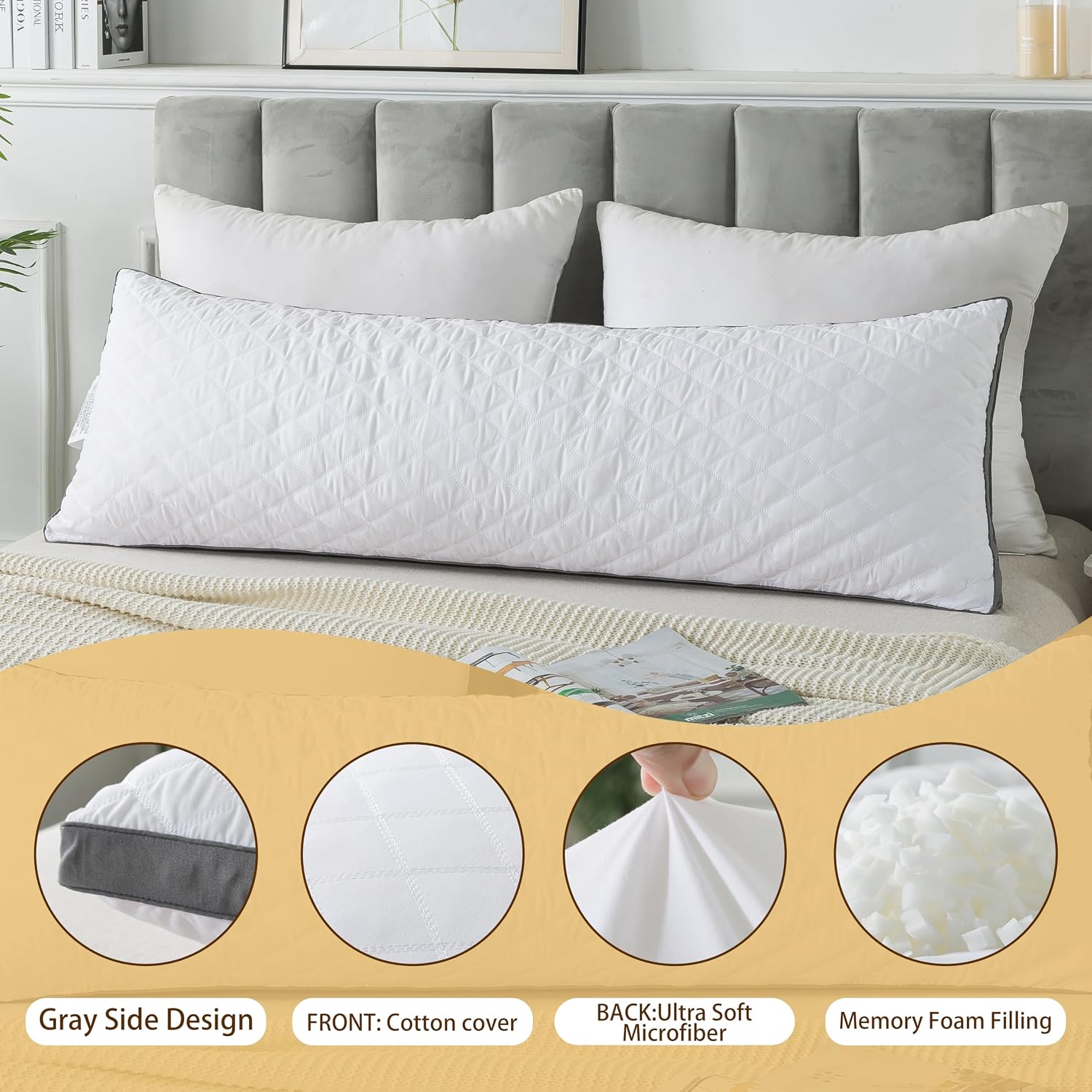 WhatsBedding Memory Foam Body Pillow with Removable Pillowcase-Fluffy Body Pillows for Adults -Large Long Bed Pillows for Sleeping…