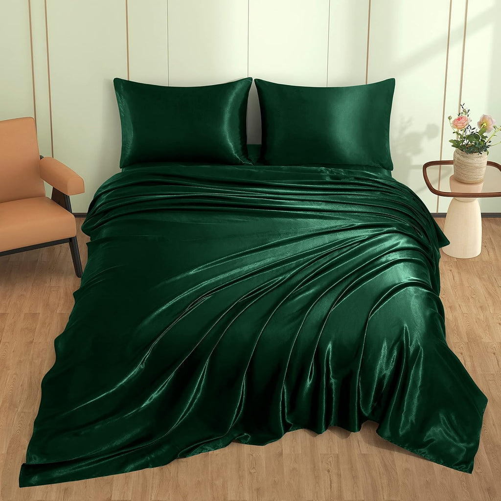 VACVELT 3pcs Emerald Green Satin Sheets Twin Size Bed Set, 15 Inch Deep Pocket Silky Satin Sheet Set, Soft Satin Bedding Set Cooling &…