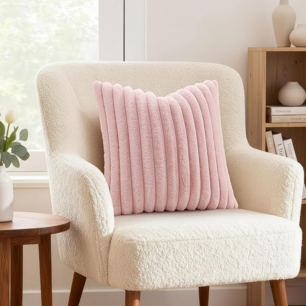 decorUhome Summer Cozy Faux Fur Throw Pillow Covers 26x26 Set of 2 Decorative Soft Plush Striped Modern Farmhouse Boho Couch Euro Sham Pill…