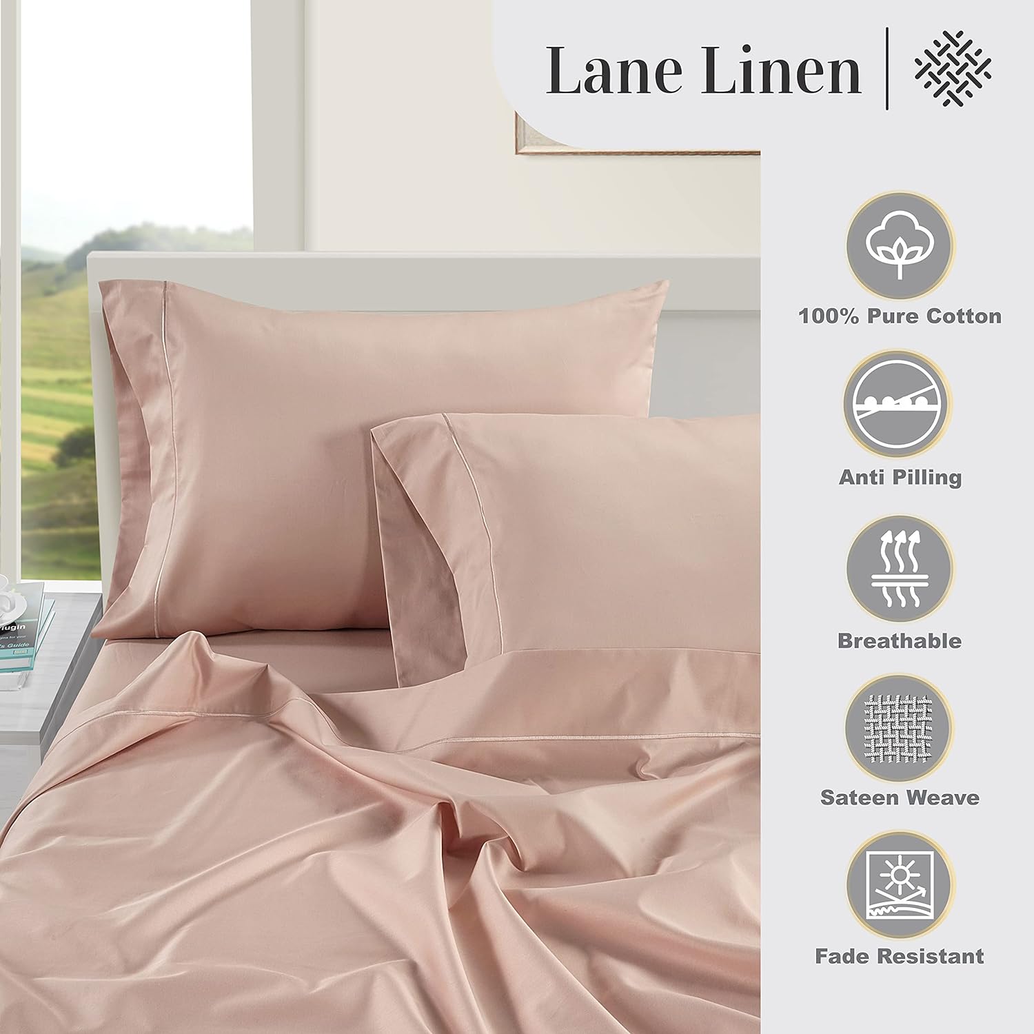 LaneLinen LANE LINEN Pillow Case Covers King Set of 2 100% Egyptian Cotton Sateen Soft Cool & Smooth Cases - Sepia Rose Cotton