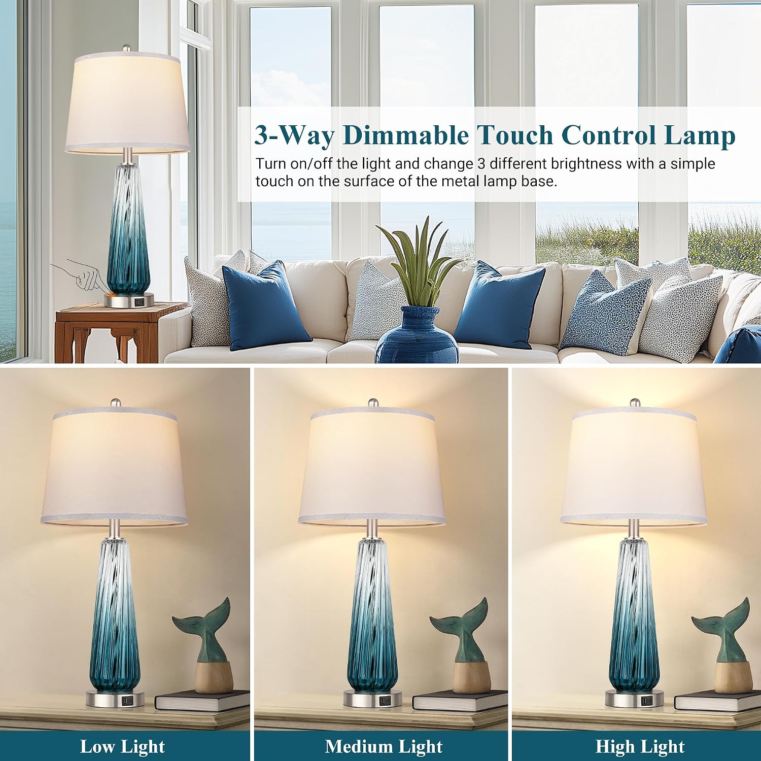 Glass Table Lamps for Living Room, Modern Bedside Lamps with USB A+C Ports, 3-Way Dimmable Touch Control Nightstand Lamp with White Linen…