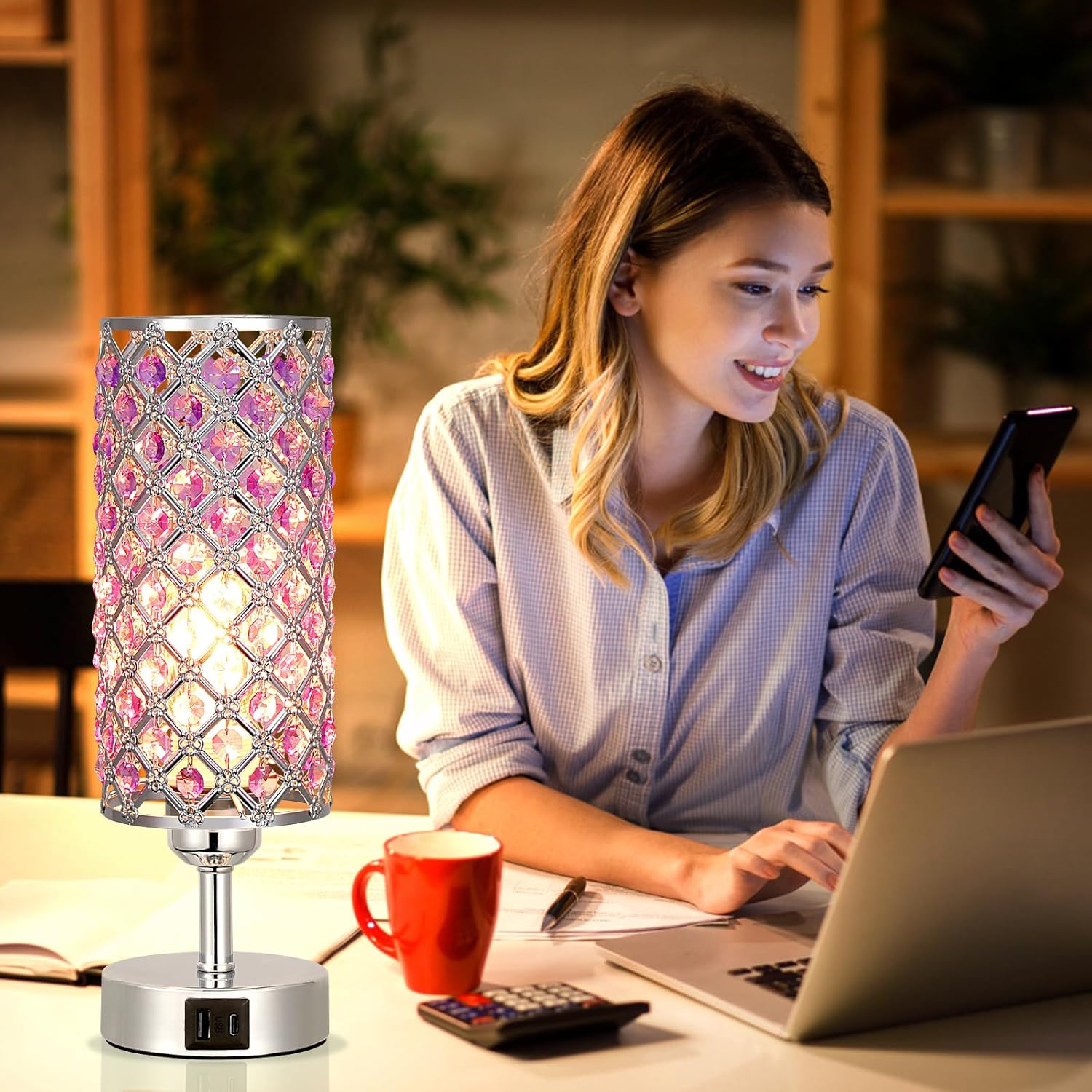 Hong-in Purple Lamp for Girls Room-Crystal Touch Lamp with USB-C+A Ports,3 Way Dimmable Bedside Light with Crystal Shade for Bedroom Home…