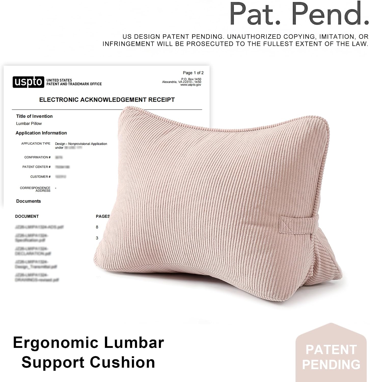 Pat. Pend. Corduroy Back Support Pillow for Sitting, Ideal for Expecting Moms, Low Back Cushion for Bed Sitting, Reading & Relaxing…