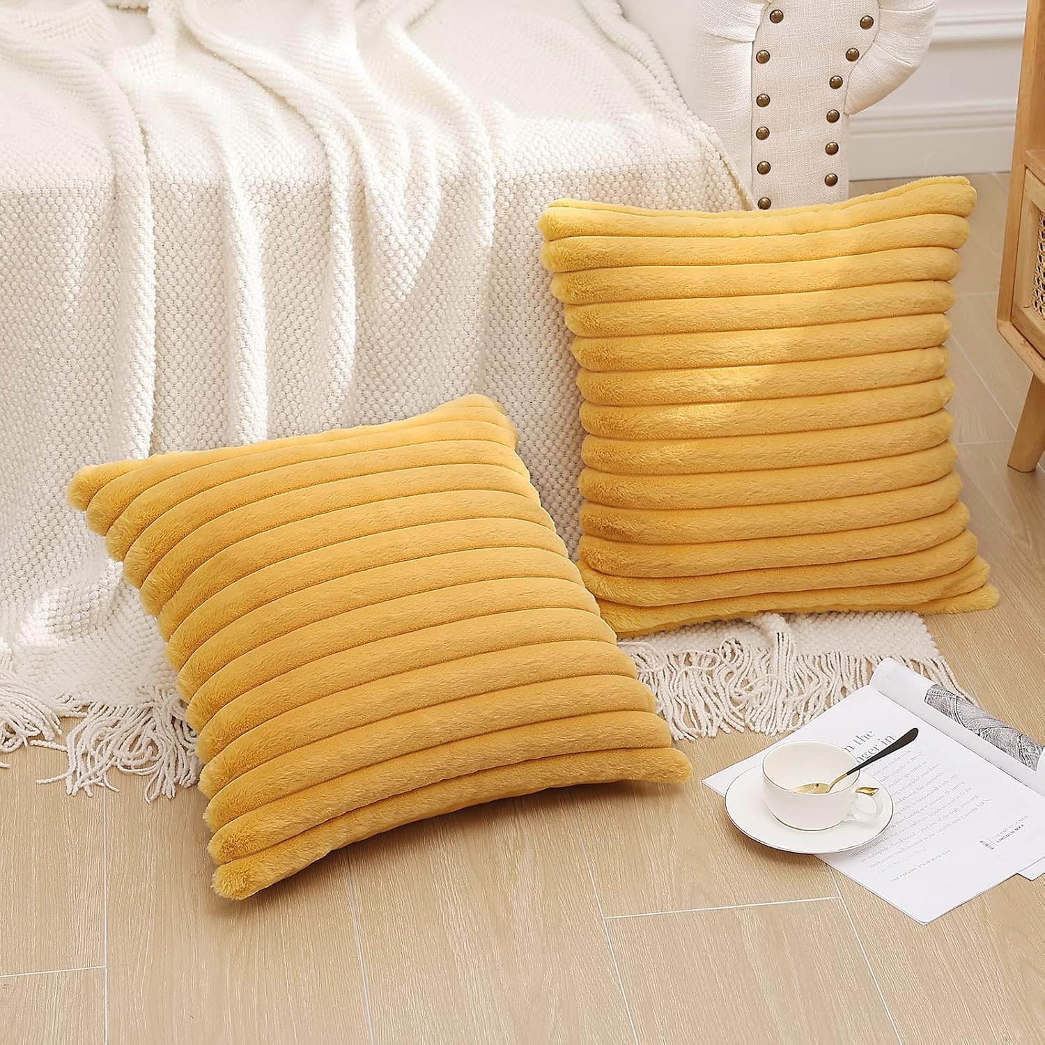 Pallene Faux Fur Plush Throw Pillow Covers 22x22 Set of 2, Luxury Soft Fluffy Striped Decorative Pillow Covers for Sofa, Couch, Living…
