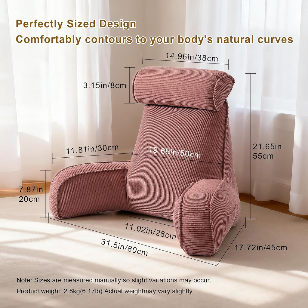 Ailuteie Corduroy Reading Pillow with Arms & Detachable Neck Roll, Bed Rest Back Support, Adult Cushion for Sitting Sofa & Floor, Side Pock…