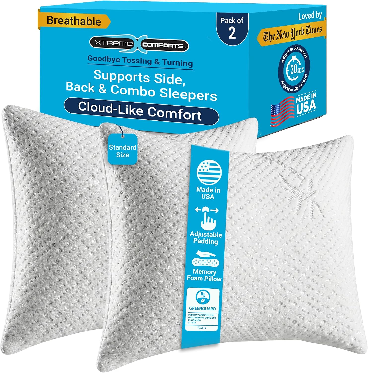 XtremeComforts GREENGUARD Certified Standard Bed Pillows for Sleeping (2 Pack) | Adjustable Shredded Memory Foam Pillows with Removable Coo…