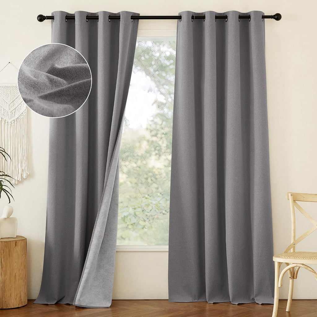 NICETOWN Grey Long Faux Linen Full Shade Panels, 52" Wide x 95" Long, Pair of Thermal Insulated & Energy Efficiency Blackout Curtains for…