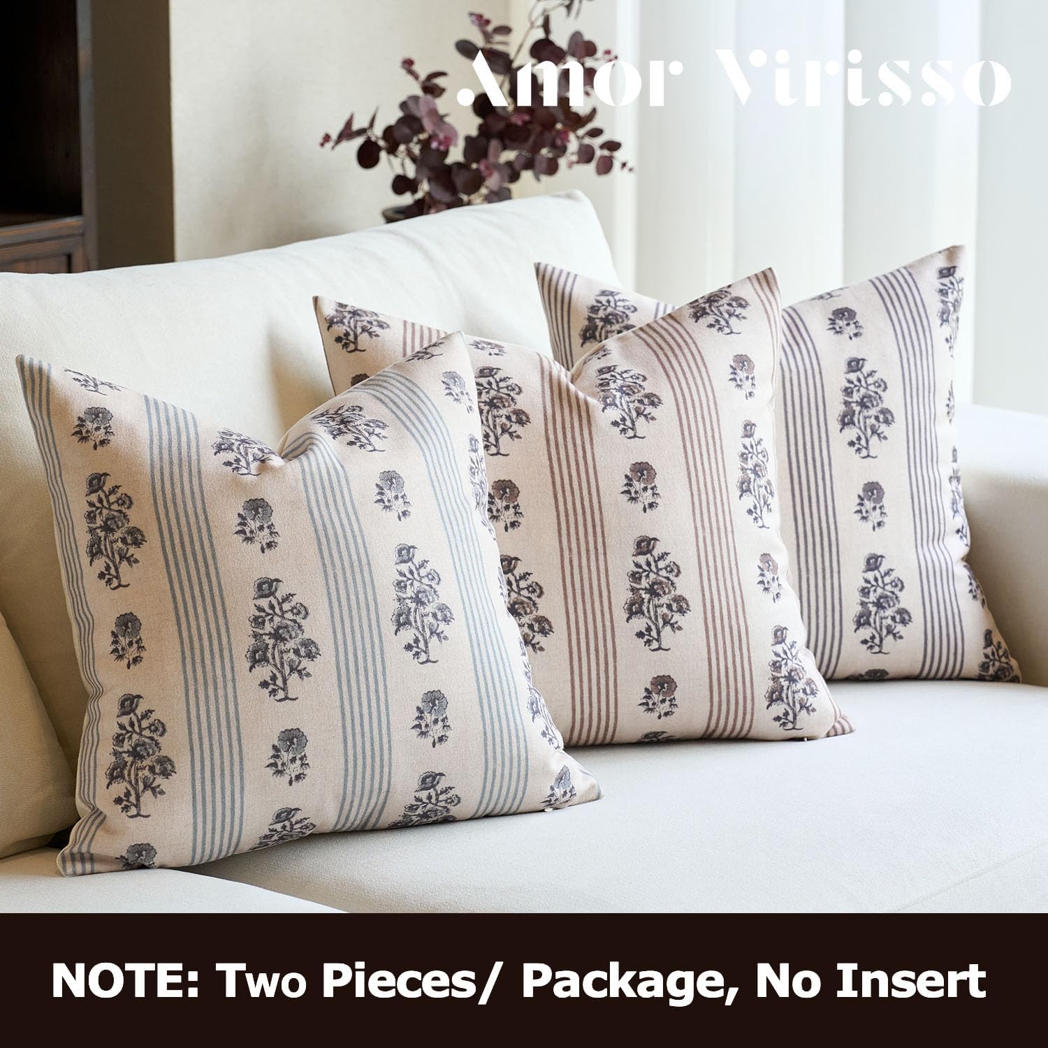 AffordableFloralPrintMaker Amor Virisso Floral Throw Pillow Covers 20x20 Set of 2 Block Print Pillow Covers Neutral Floral Striped Farmhous…