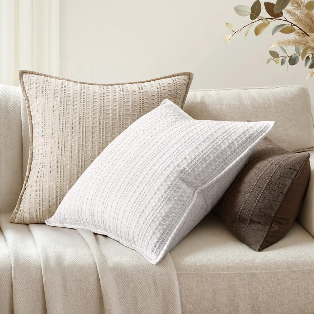 Set of 2 Decorative 100% Cotton Waffle Throw Pillow Covers 18x18, Neutral Euro Shams Weave European Cushion Cases for Couch Sofa Bed…