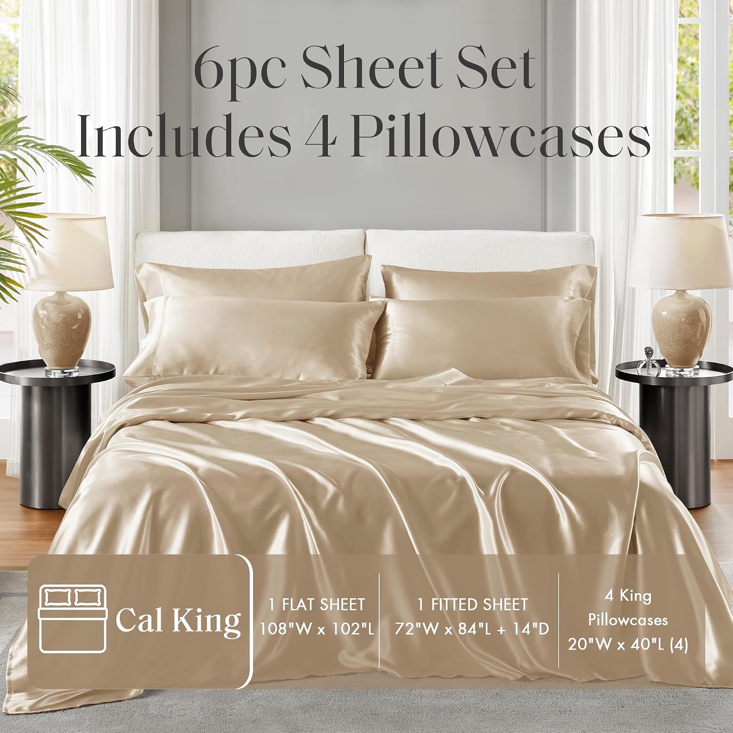 Madisonpark Madison Park Satin Sheets Cal King Size, Luxurious Silky Bed Sheets, Elastic 14" Pocket fits up to 16" Mattress, Wrinkle-Free,…