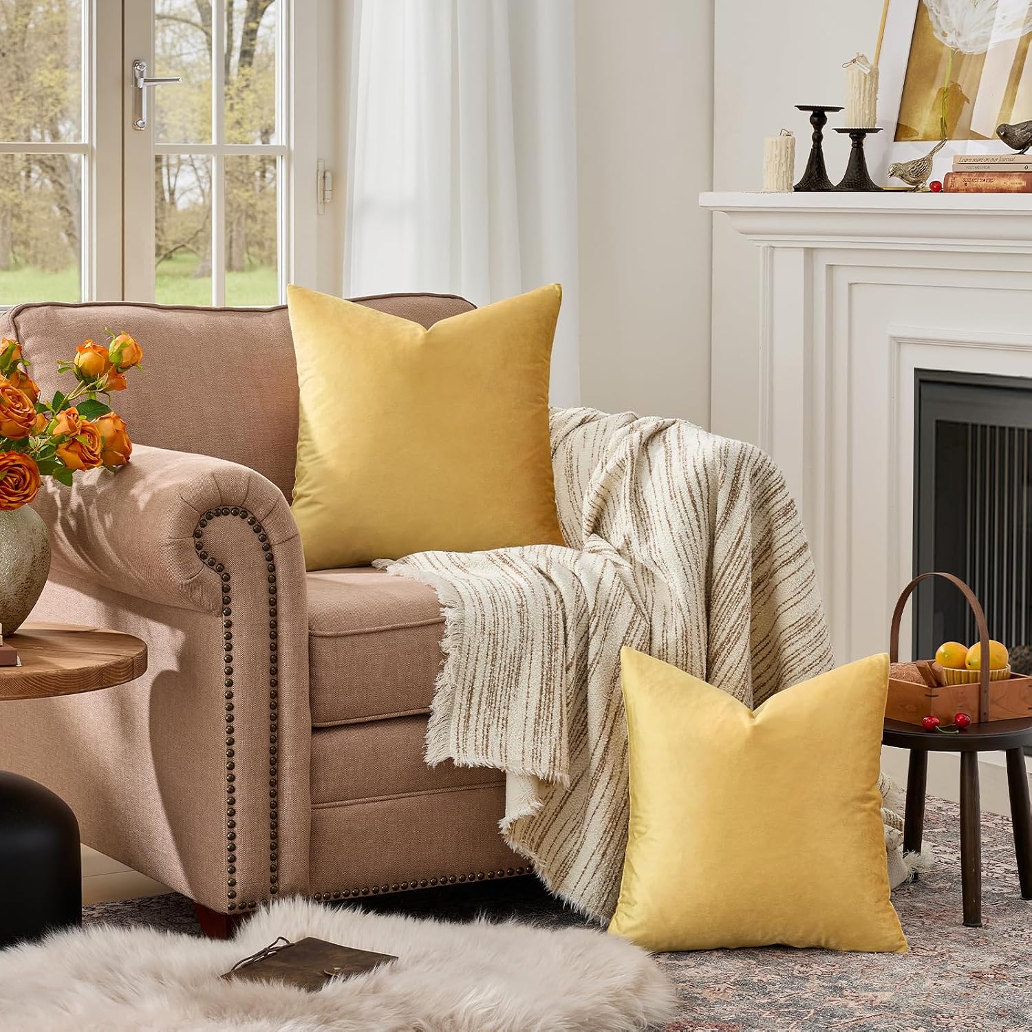 GIGIZAZAFocusingonhomedecoration GIGIZAZA Decorative Couch Throw Pillow Covers, Set of 2 Yellow Square Pillow Cushion Covers 26x26, Pillow Ca…