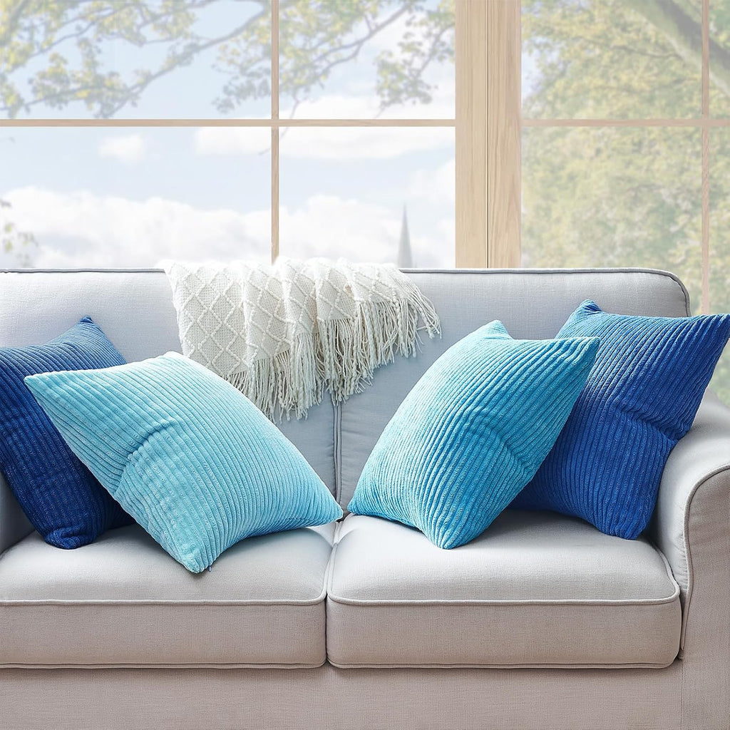 Topfinel Blue Decorative Throw Pillow Covers 16x16 Inch Set of 4, Soft Accent Corduroy Striped Gradient Color Small Cushion Cover for Beach,…