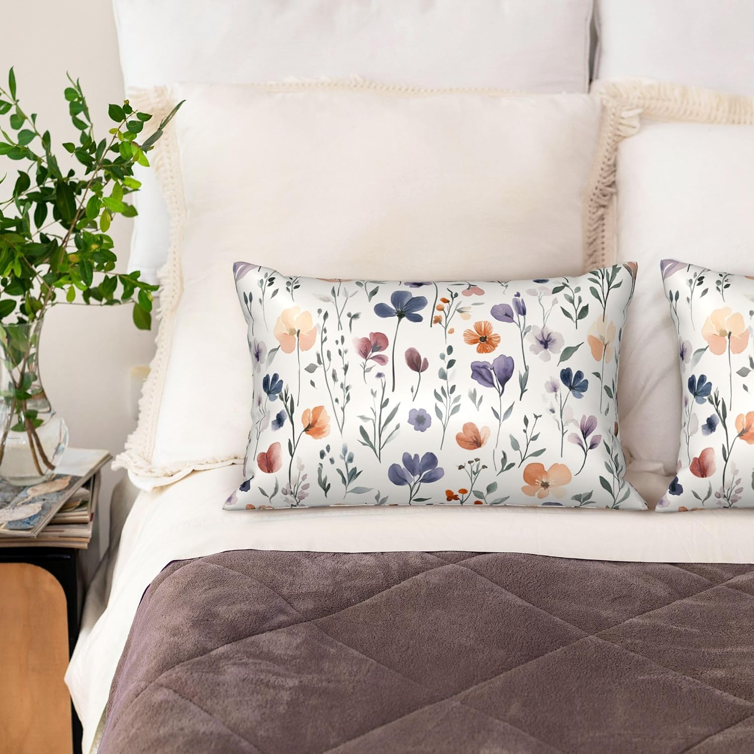 Satin Pillowcase for Hair and Skin Watercolor Floral Green Leaves Super Soft and Cooling Similar to Silk Pillow Case 1 Pack with Hidden…