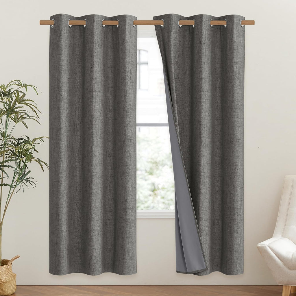 NICETOWN Grizzle Gray Vintage Linen 100% Blackout Curtains for Classroom, Thermal Insulated Curtains 72" Long, Noise Reducing Window…