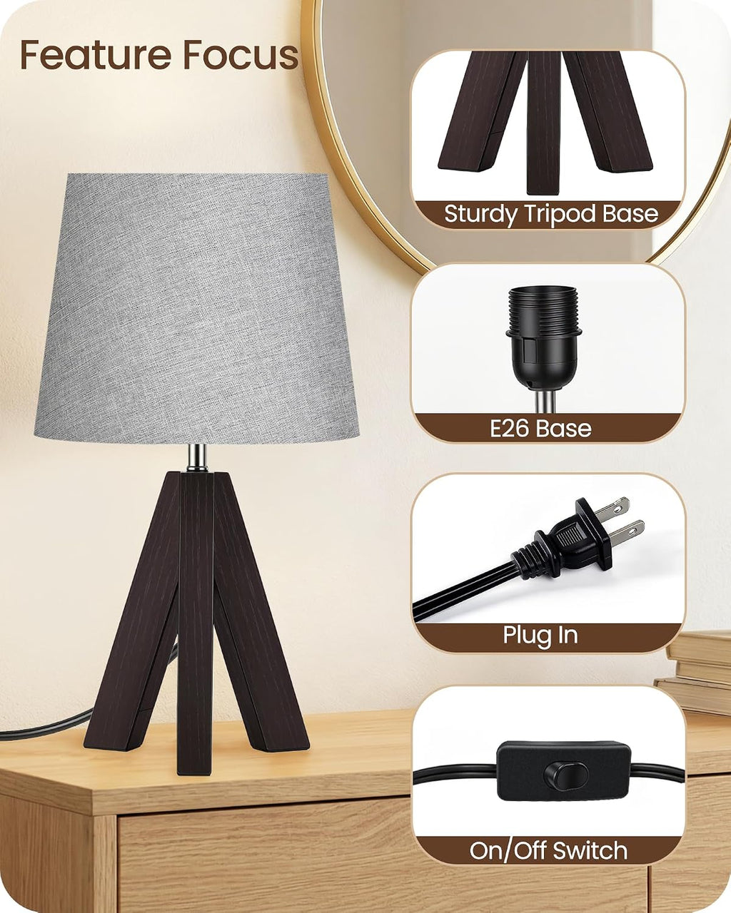 Tripod Table Lamp, 14.6" Small Bedside Lamp, Modern Nightstand Lamp with Gray Shade & Dark Walnut Base, Boho Desk Lamp for Bedroom, Kids…