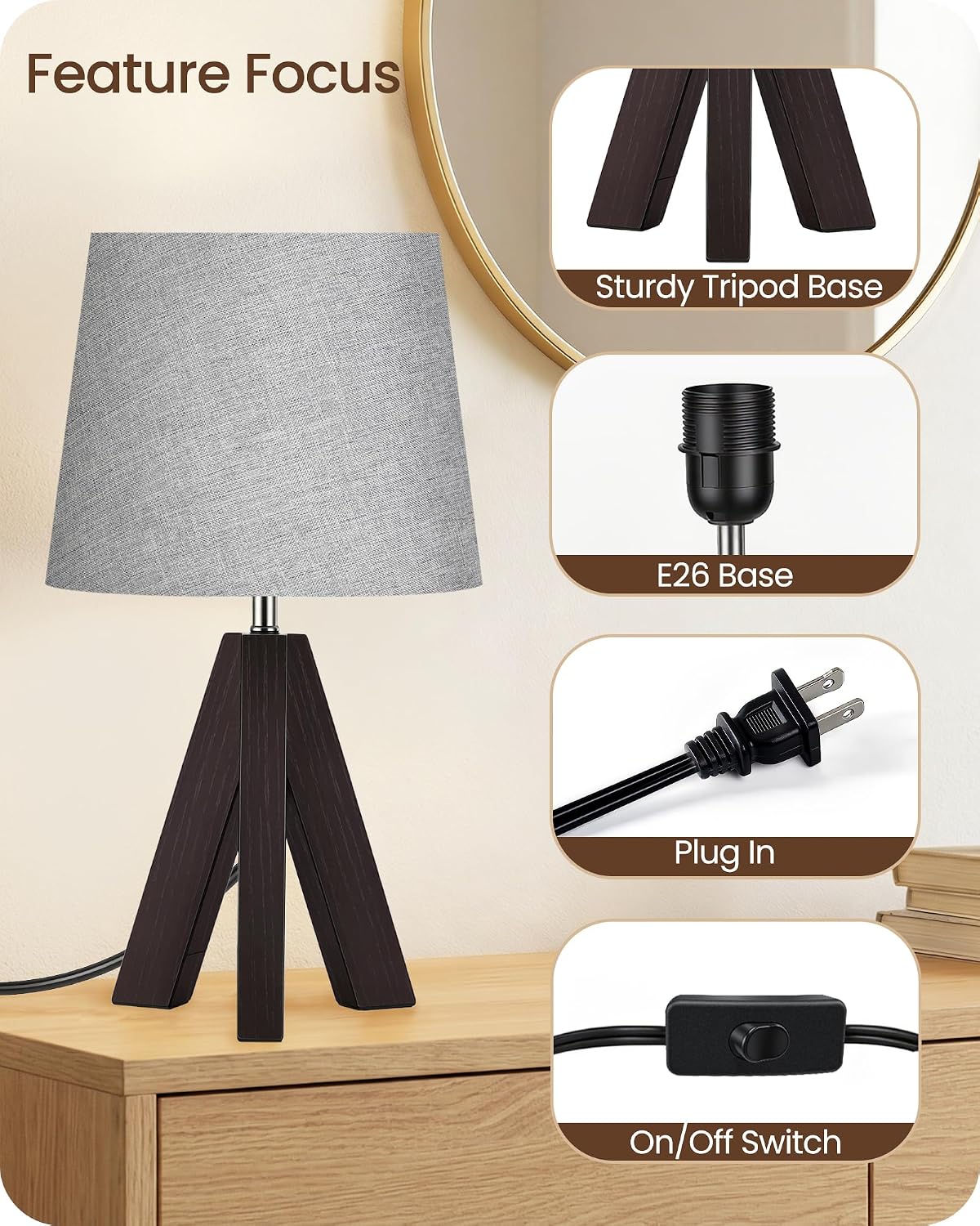 Tripod Table Lamp, 14.6" Small Bedside Lamp, Modern Nightstand Lamp with Gray Shade & Dark Walnut Base, Boho Desk Lamp for Bedroom, Kids…