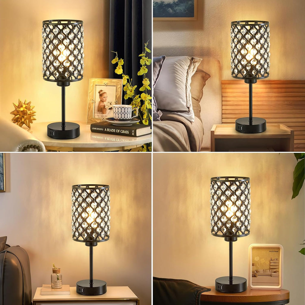 GyroVu Crystal Table Lamp, Black Lamp for Bedroom Nightstand with USB C+A Ports, Dimmable Touch Lamp with Crystal Shade, Bedside Lamp…