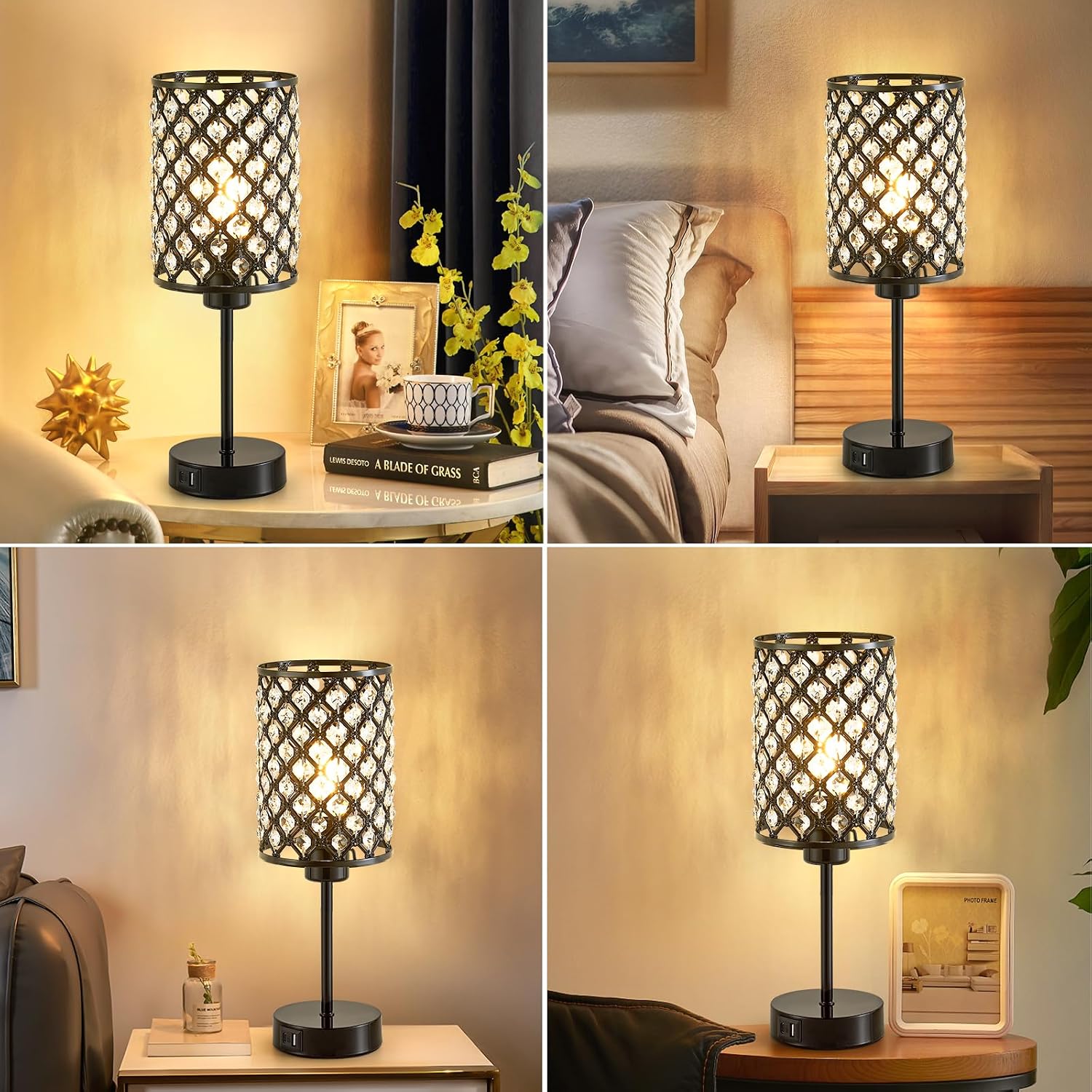 GyroVu Crystal Table Lamp, Black Lamp for Bedroom Nightstand with USB C+A Ports, Dimmable Touch Lamp with Crystal Shade, Bedside Lamp…