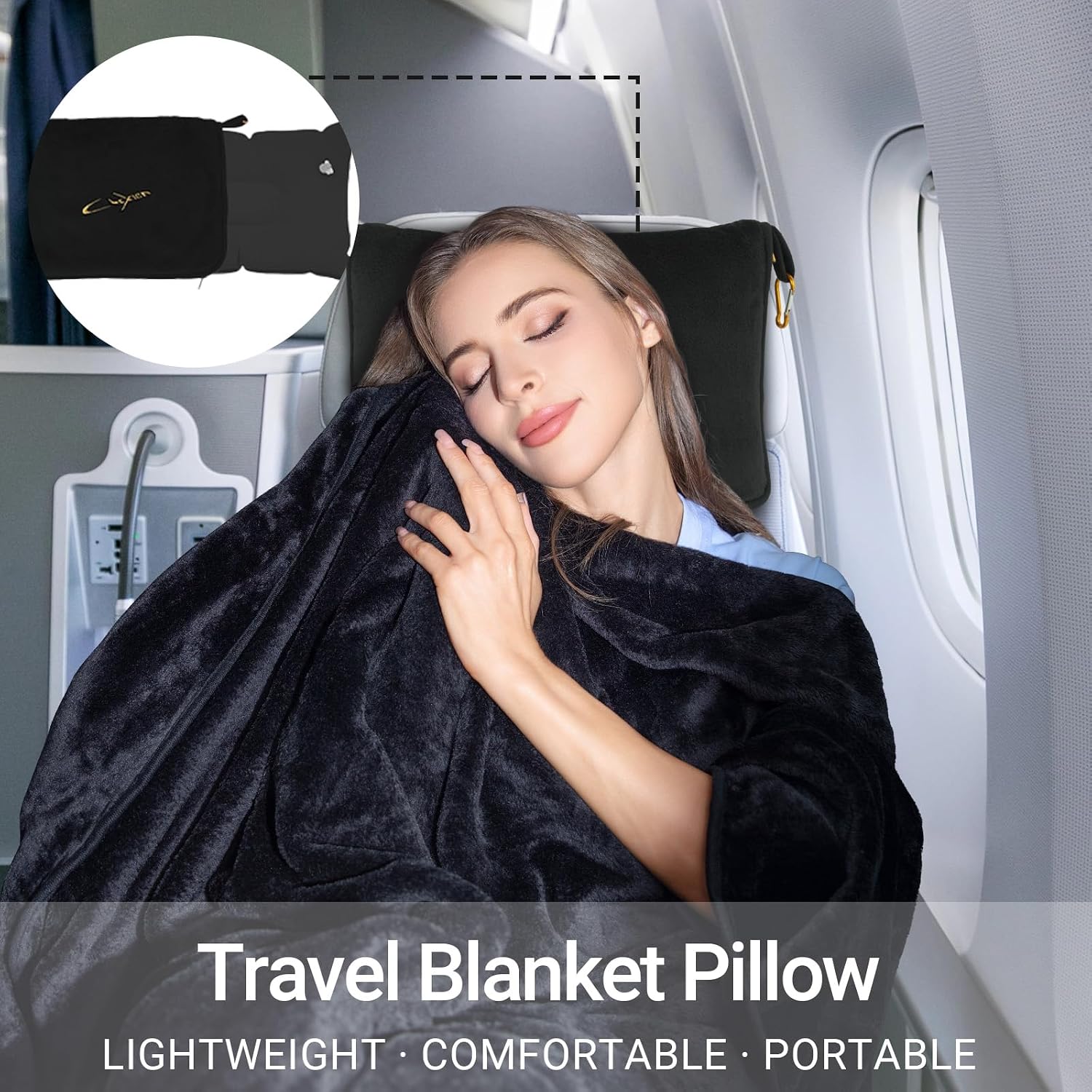 Airplane Travel Blanket with Pillow,300 GSM Soft Fleece Compact Blanket with Carry Bag, Lightweight Travel Blanket for Flights, Black