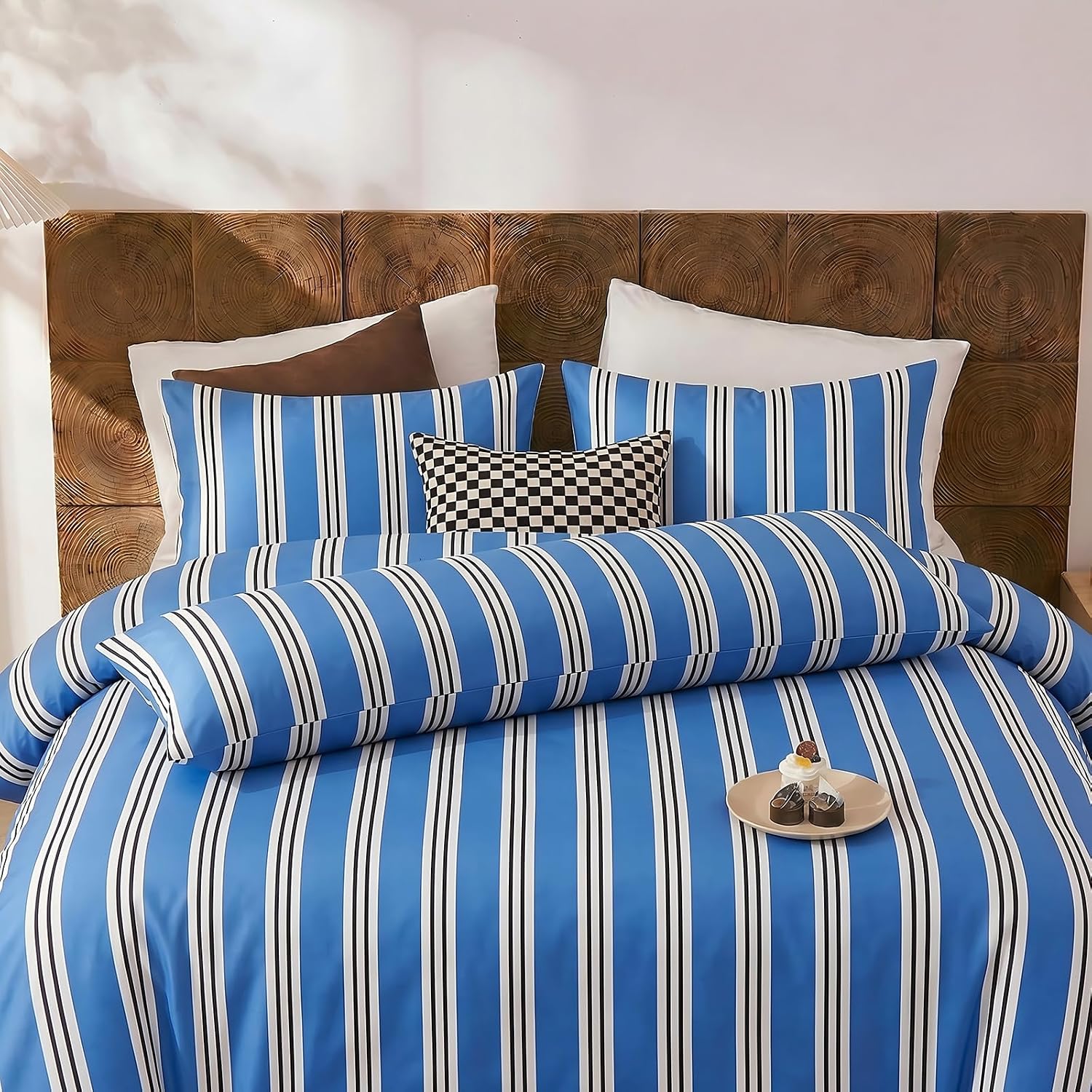 Merryword Queen Size Pillowcases, 100% Cotton Pillow Cases, Blue Striped Pillowcases, Soft Breathable Ribbon Stripe Pillow Covers, Set of 2…