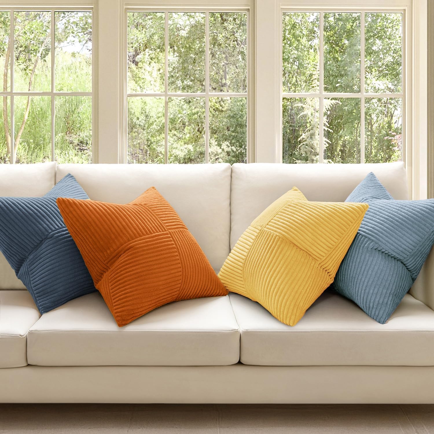 Miulee Summer Yellow Blue Decorative Throw Pillow Covers 18x18 Inch Set of 4 Soft Corduroy Boho Patchwork Pillow Covers Modern Farmhouse Br…