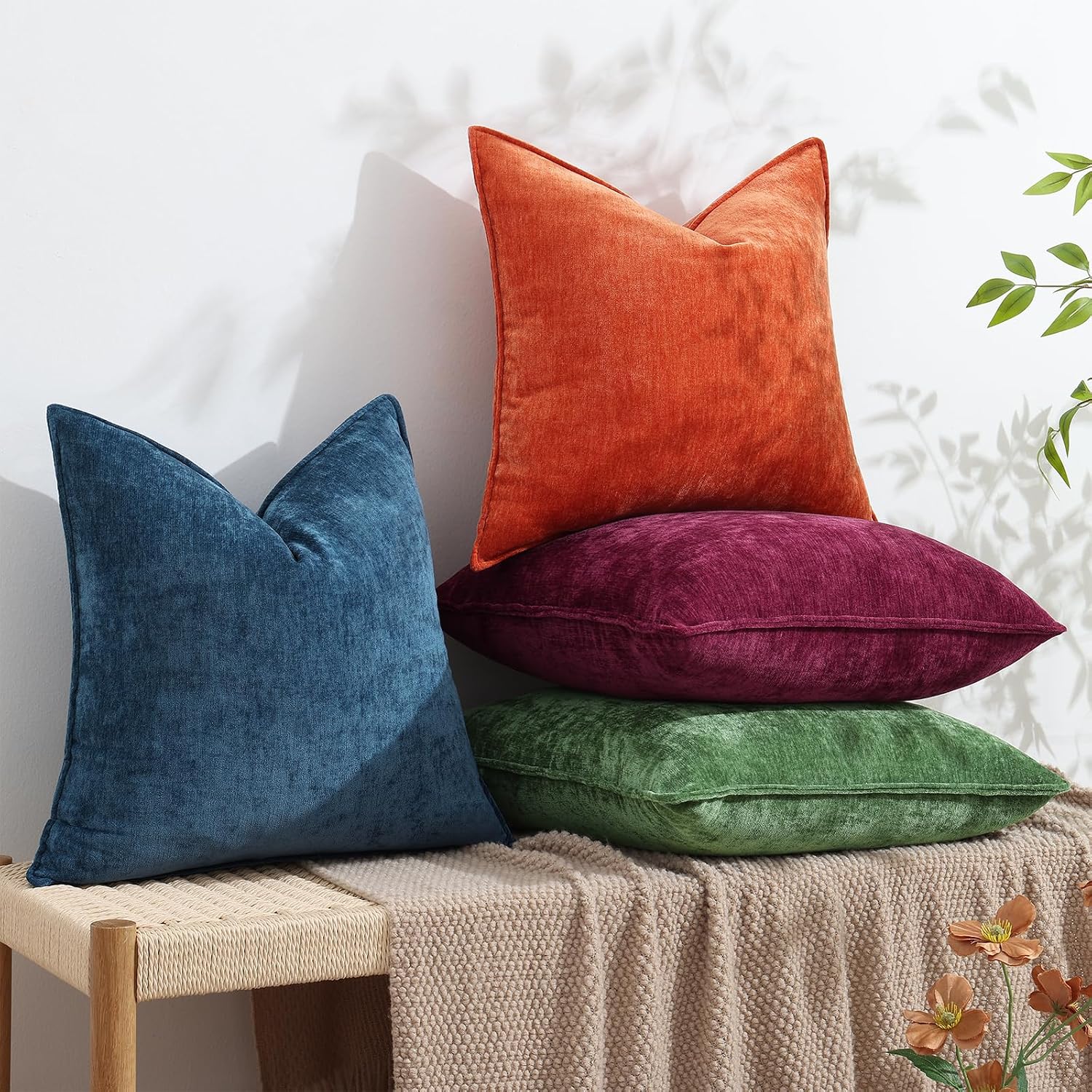 decorUhome Summer Couch Euro Sham Throw Pillow Covers 26x26 Set of 2, Decorative Soft Velvet Modern Cozy Chenille Pillow Cases with Elegant…