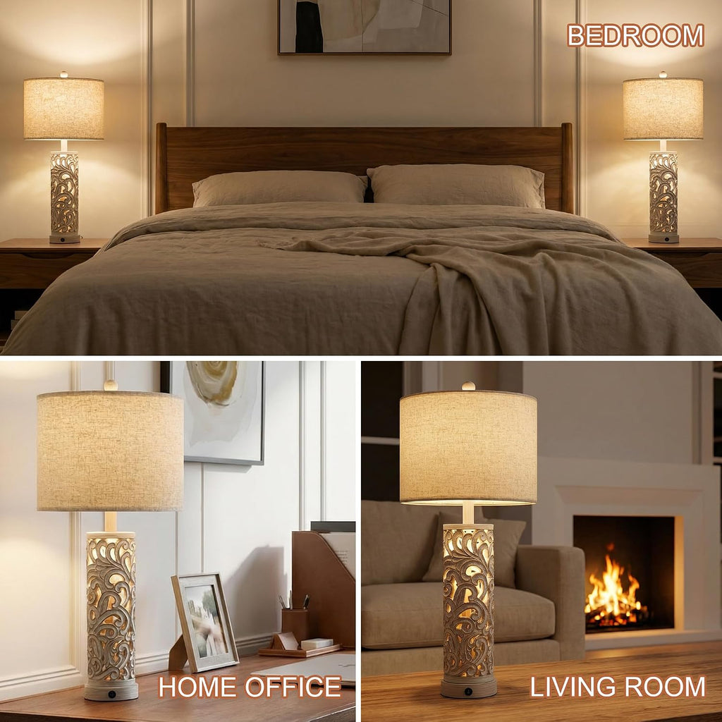 OYEARS 2-in-1 Light Table Lamp Set of 2 for Living Room, 28.5" Farmhouse Bedside Lamps with USB Charging Port, Main&Night Light & Dual…