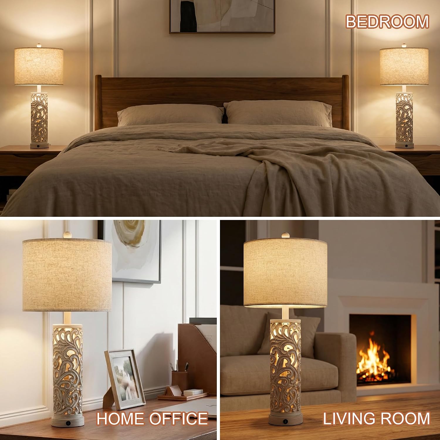 OYEARS 2-in-1 Light Table Lamp Set of 2 for Living Room, 28.5" Farmhouse Bedside Lamps with USB Charging Port, Main&Night Light & Dual…