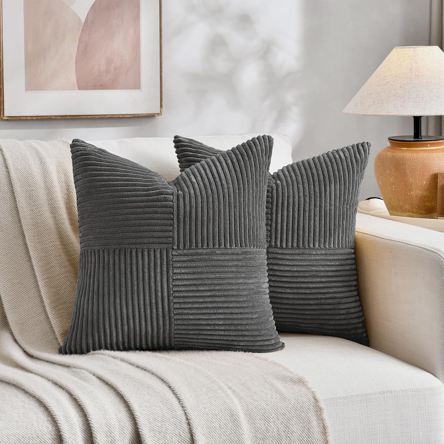 Fancy Homi 2 Packs Dark Gray Decorative Throw Pillow Covers 18x18 Inch for Living Room Couch Sofa, Rustic Farmhouse Boho Home Decor, Soft…