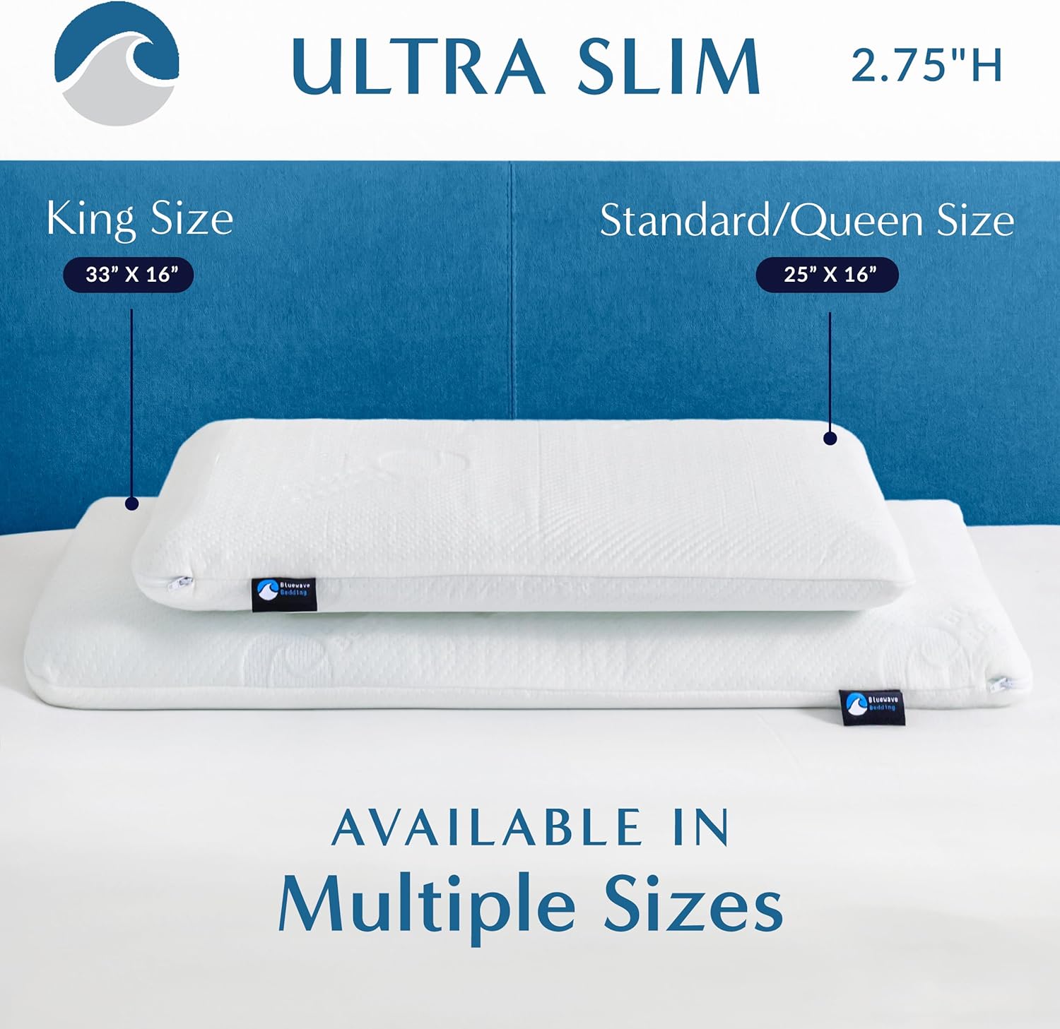 BluewaveBedding Bluewave Bedding Ultra Gel Memory Foam Pillow for Stomach and Back Sleepers - Thin, Flat Design for Cervical Neck Alig…