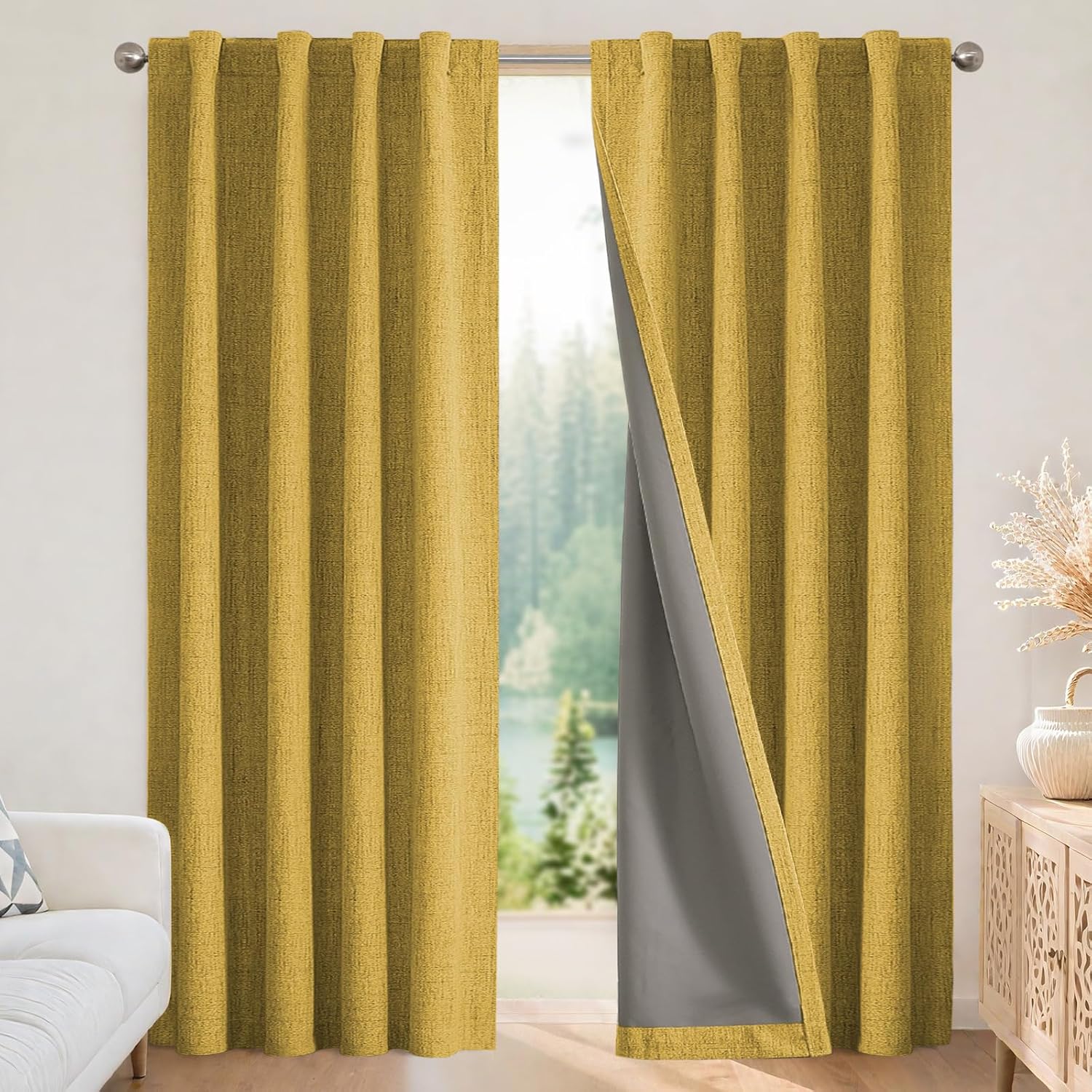 Joydeco Linen Blackout Curtains for Bedroom - 100% Light Blocking 1 Panels, Yellow Drapes 100" W x 120" L, Thermal Insulated Room Darkening…