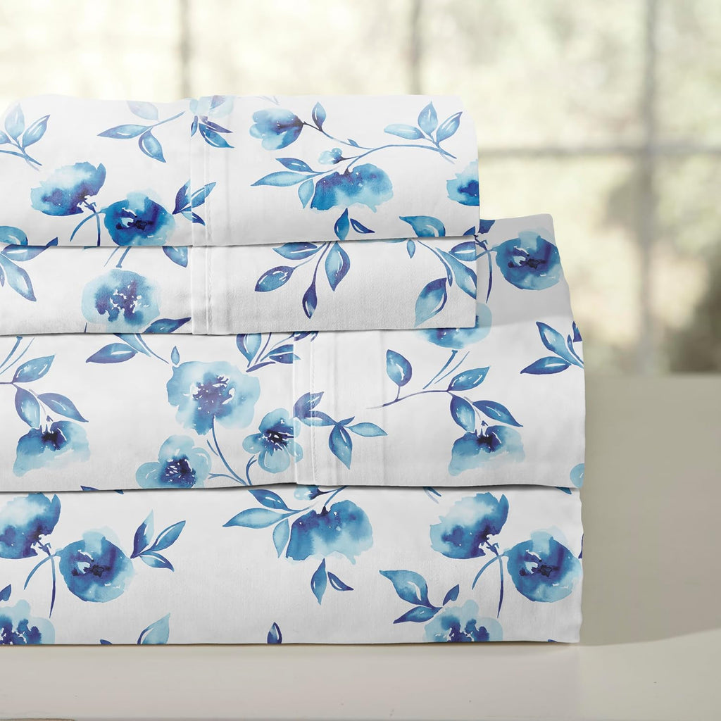 Pointehaven Water Petals White Printed Cotton Percale 3 pc Sheet Set, Twin