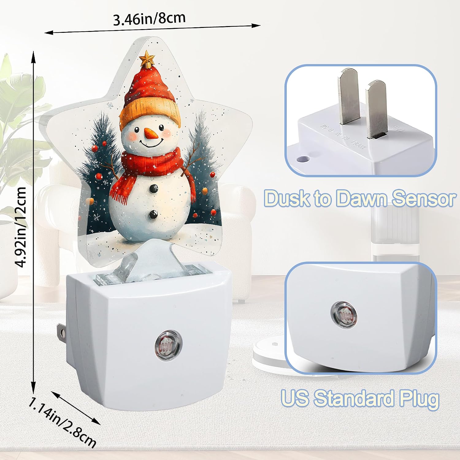 Snowmolle Night Light, Christmas Snowman Plug into Wall with Dusk to Dawn Light Sensors, Winter Trees Warm Star Nightlights for Bedroom, Bathr…