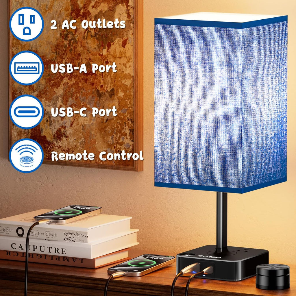 Bedside Lamp & Desk Lamp with Remote, Touch Control, USB-C/A Ports + Outlets | Blue Fabric Shade Nightstand Table Lamp for Bedroom…